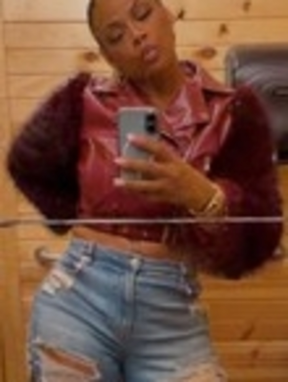 AKIRA Burgundy Cropped Faux Leather Jacket with Plush Sleeve Detail